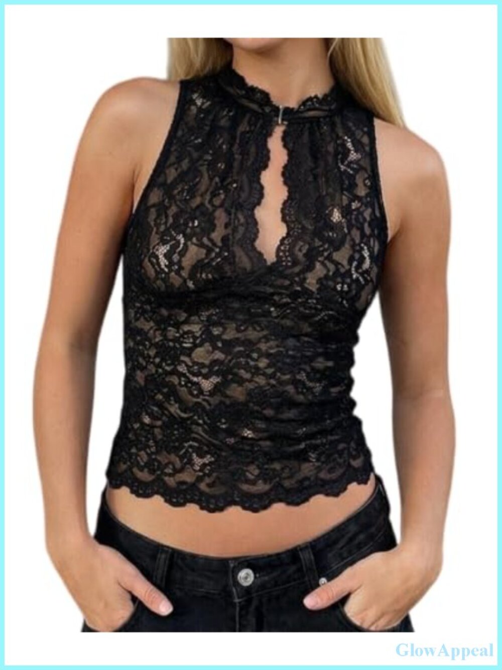 Women Floral Lace Tank Top Mock Neck Sleeveless Sheer Hollow Out Fitted Cami
